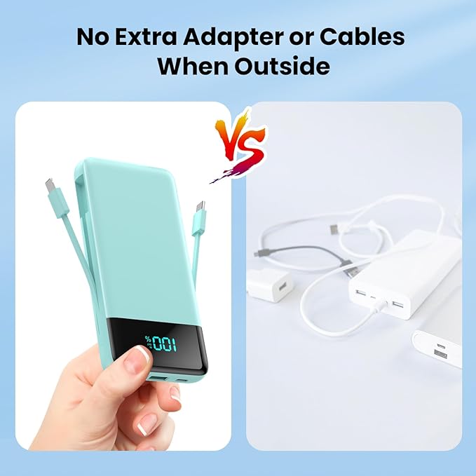 FOCHEW Portable Charger Built-in Cables and Wall Plug,13800mAh Fast Charging USB C Power Bank,4 Outputs Travel Essential Battery Pack for iPhone 17/16/15/14/13,Galaxy,Android -Green