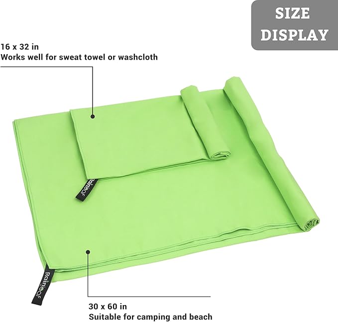 Rainleaf 2 Pack Microfiber Quick Dry Travel Towel, Super Absorbent Ultra Compact Lightweight Camping Towel for Gym, Hiking, Pool, Yoga - Green
