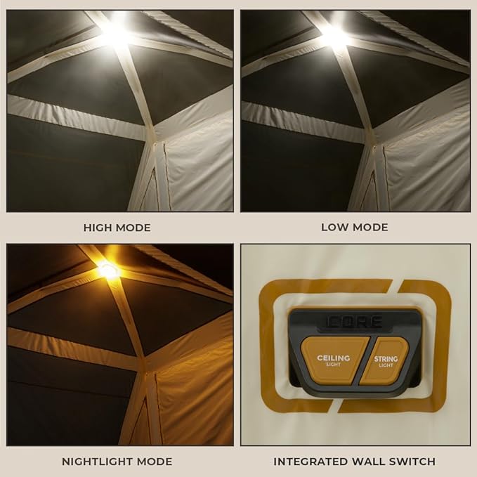 CORE Instant Cabin Tent with LED Lights | Large Family Lighted Pop Up Tent with Carry Bag for Camping, Glamping, and Backyard Adventures | Included Storage Pockets for Camp Accessories