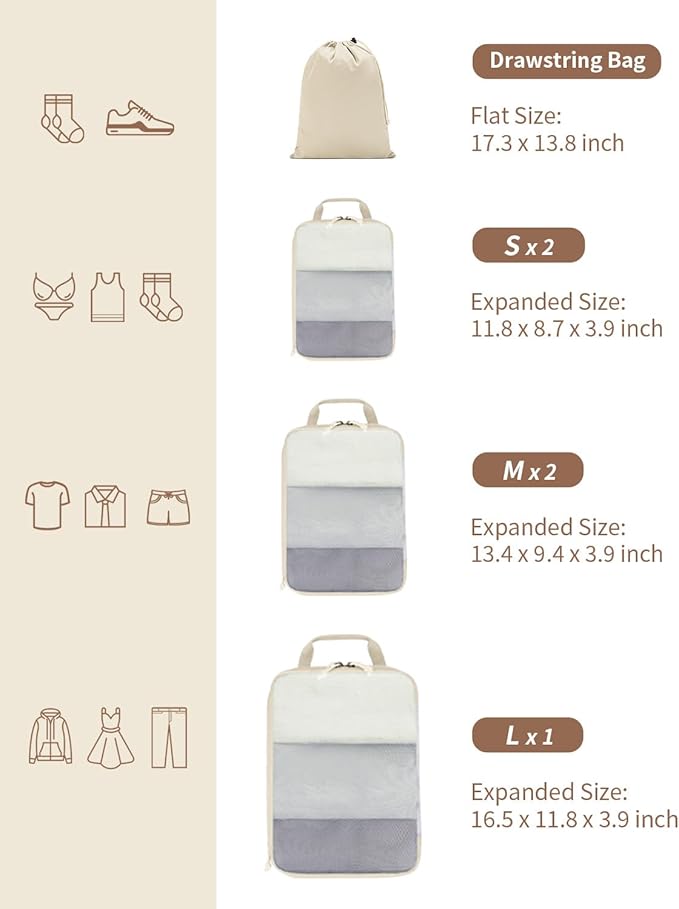 ECOHUB 6 Set Compression Packing Cubes, Lightweight Beach Vacation Travel Essentials Durable Travel Accessories for Suitcase Carry On Luggage Organizer Bags with YKK Zippers Shoe Bag, Beige