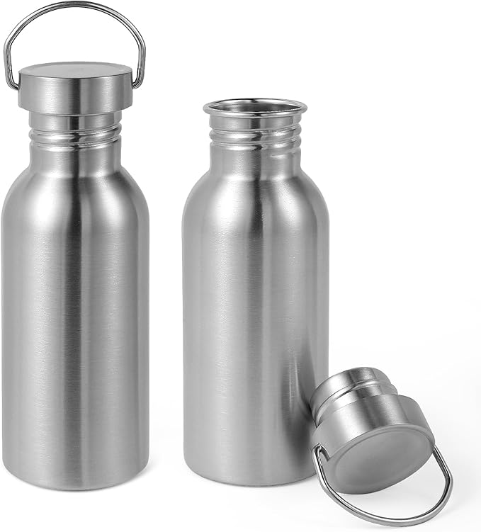 Volhoply 20oz Stainless Steel Water Bottle with Handle 2 Pack,Non Insulated Single Wall, Dishwasher Safe No Plastic 18/8 304 Metal Water Bottles with Wide Mouth for Camping, Hikers, Cyclists