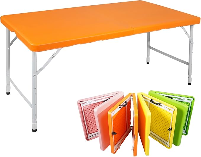 4 FT Folding Table with Carry Handle, Portable Fold-in-Half Plastic Table, Rectangle Foldable Table for Indoor/Outdoor Orange