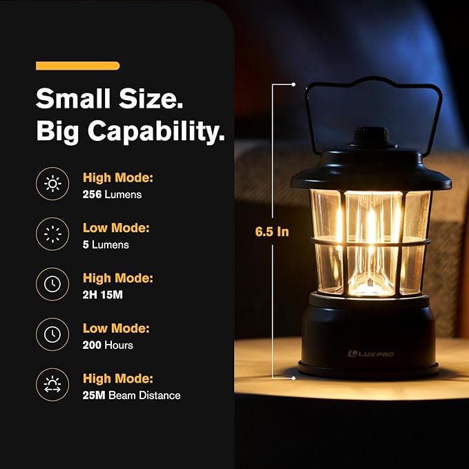 LUXPRO Retro LED Lantern - Battery-Powered Emergency Lantern - Water Resistant - Bright LED Lamp for Indoor & Outdoor Use - Use for Tents, Hiking or Hurricane Prep (Blac, Pack of 2)