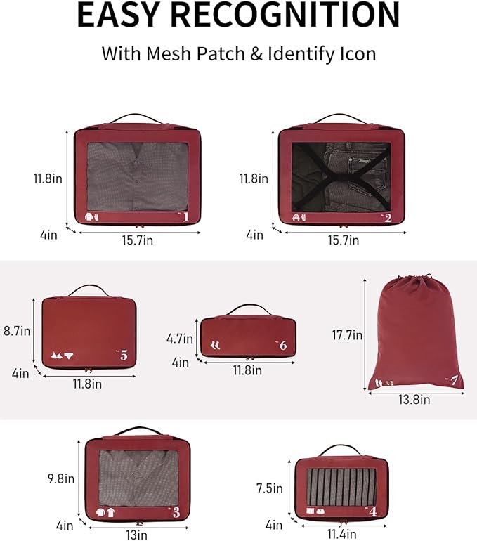 ECOHUB 7 Set Packing Cubes Tear-Resistant Luggage Packing Organizers with Number Icon for Travel Accessories Luggage Suitcase Machine Washable Packing Cubes (Red)
