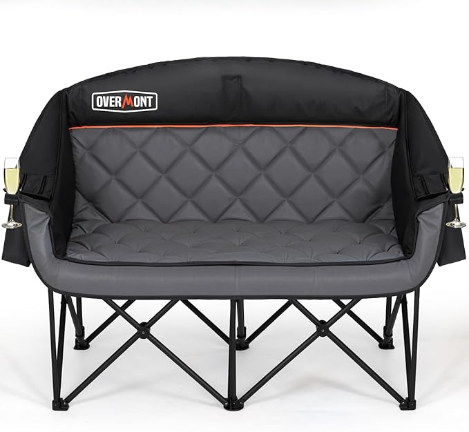 Overmont Oversized Double Camping Chair - 2 Person Comfort Couch Chair Loveseat for Adults - Heavy Duty Lawn Chairs with Cooling Bag&Wine Racks - Support 850LBS Black