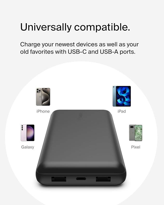 Belkin Portable Charger, USB-C Power Bank 20000 mAh w/ 2 USB-A Ports, 15W w/ Type-A to Type-C Cable - iPhone 17, Air, Pro, Pro Max, AirPods, Apple Watch, Samsung Galaxy S25, Google Pixel 10 - Black
