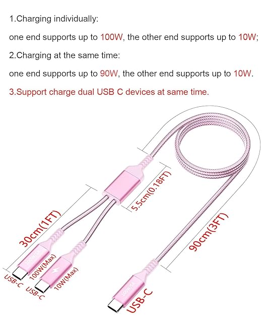 4FT 2 in 1 100W USB C to Dual Type C Fast Charging Cable,iPhone 15 USB C to Double Type c Cable for MacBook Pro/Air,iPad Pro/Air,iPhone 15 Plus/15 Pro Max,Samsung Galaxy S24/S23/S22/S21,Moto,Switch