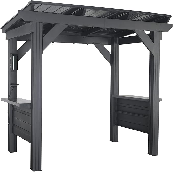 Backyard Discovery Rockport 8' x 6' Galvanized Steel BBQ Grill Gazebo Pavilion with Hardtop Steel Roof, Bar Tops, Powerport, Snow Load Support, Wind Resistance, Cook Station for Outdoor Patio or Deck
