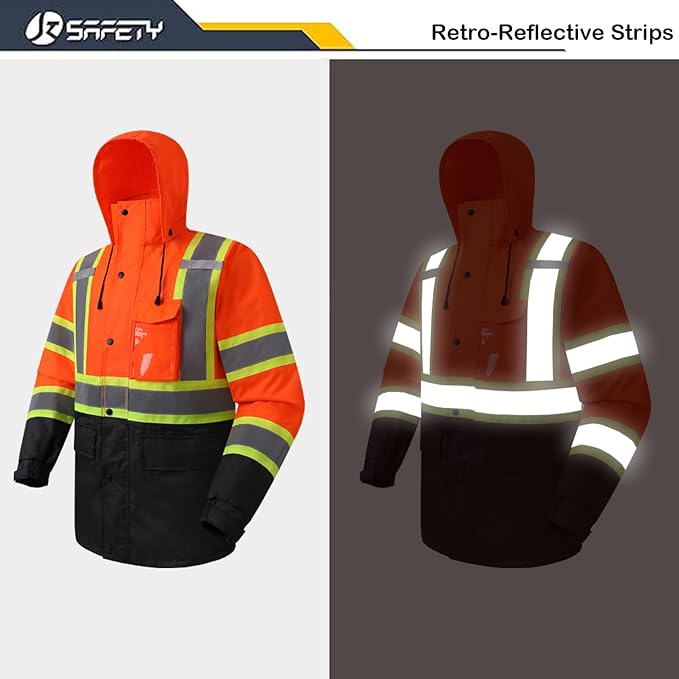 JKSafety Hi-Vis Reflective Safety Rain Jacket for Men Women Waterproof Rain Gears for Farming Fishing Work HV Rain Jacket with Inner Mesh Lining and Pockets (117A-OBlk XXL)