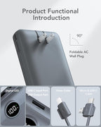 Portable Charger Power Bank 20000mAh,VRURC 22.5W Fast Charging Power Bank With Cables, 20K USB C Portable Charger With Wall Plug, Phone Battery With Cords For iPhone, Samsung, Android Phones, etc-Grey