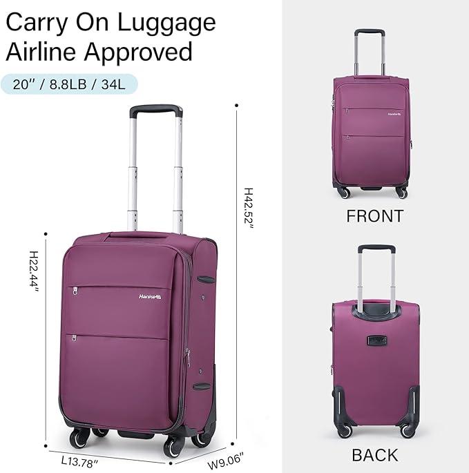 Hanke 20 Inch Expandable Carry On Luggage 22x14x9 Airline Approved Softside Suitcases with Wheels Lightweight Travel Luggage Rolling Suitcase with Lock for Men and Women.(Purple)