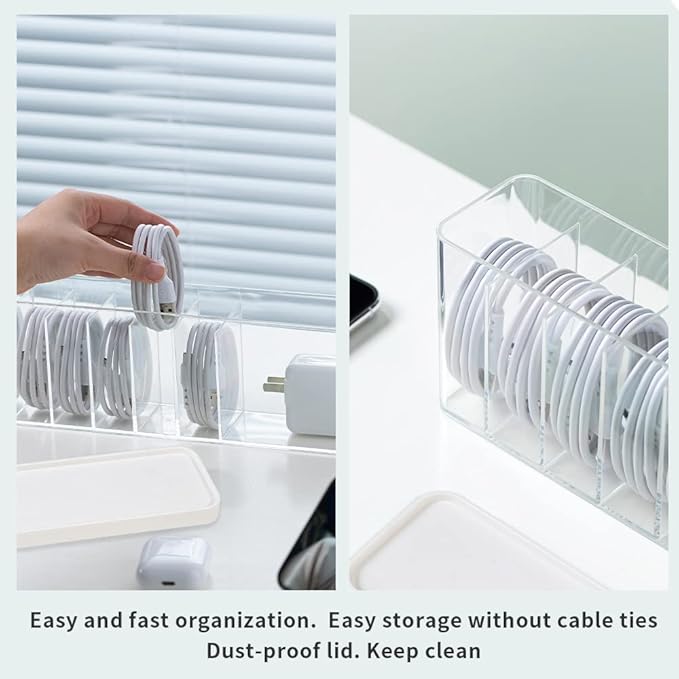 Charger Cable Cord Storage Organizer Box - 2 Pack With Lid - Easy Storage Without Cable Ties
