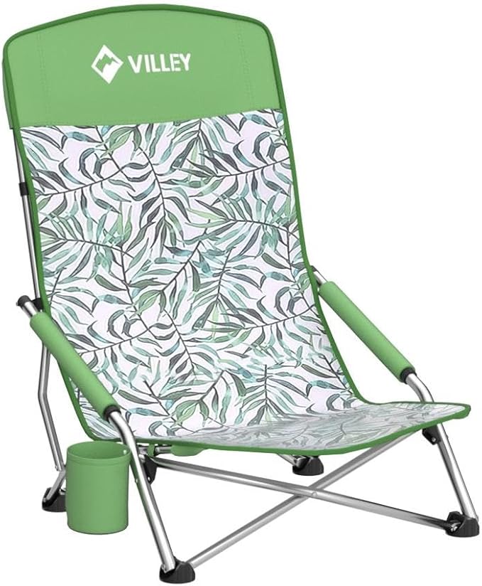 VILLEY Low Beach Chairs for Adults 2 Pack, High Back Folding Chairs, Lightweight and Portable for Outdoor, Camping, Lawn, with Cup Holder and Carry Bag - Green Tropical Leaves