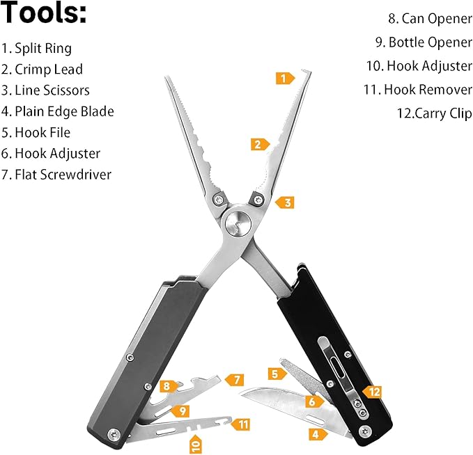 12-in-1 Multitool Fishing Pliers, Fishing Gear with Hook Remover, Pocket Knife, Fish Lip Gripper, Upgraded Scissors and Screwdriver, Survival and Camping Gear, Stainless Steel