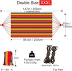 Brazilian Double Hammock 2 Person Extra Large Canvas 250x160cm Total Length 350cm Load 500lb Cotton Hammock for Garden Outdoor and Indoor Rainbow(98 * 65'')
