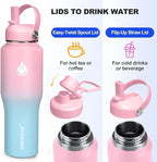 SENDESTAR 40oz Stainless Steel Water Bottle(Cold for 48 Hrs, Hot for 24 Hrs),Double Wall Vacuum Insulated Bottle with Straw Lid, Spout Lid and Flex Cap, Fit in Any Car Cup Holder 40-car-1-Pink-B-1