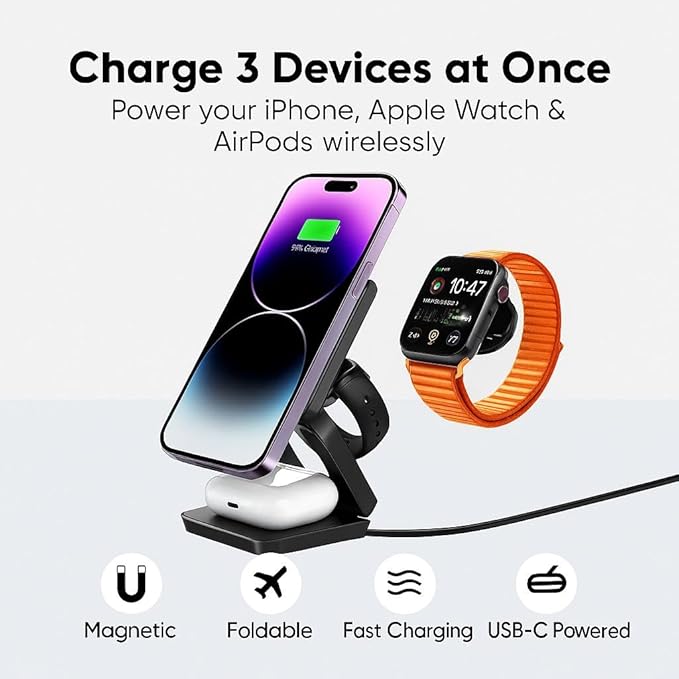 LUNOX 3-in-1 Wireless Charger for iPhone - Apple Watch & AirPods - Foldable Magnetic Fast Charging Dock - Black - White