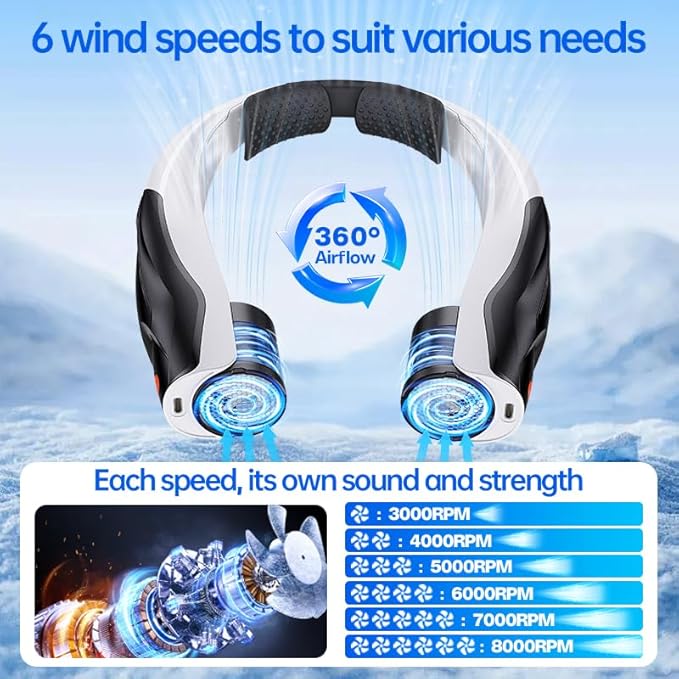 Portable Neck Fan Rechargeable: Free Hands Extra-long Battery Life 6000mAh Strong Air Volume Fast Cooling for Outdoor Enthusiasts - Travel Hiking Climbing (Black)