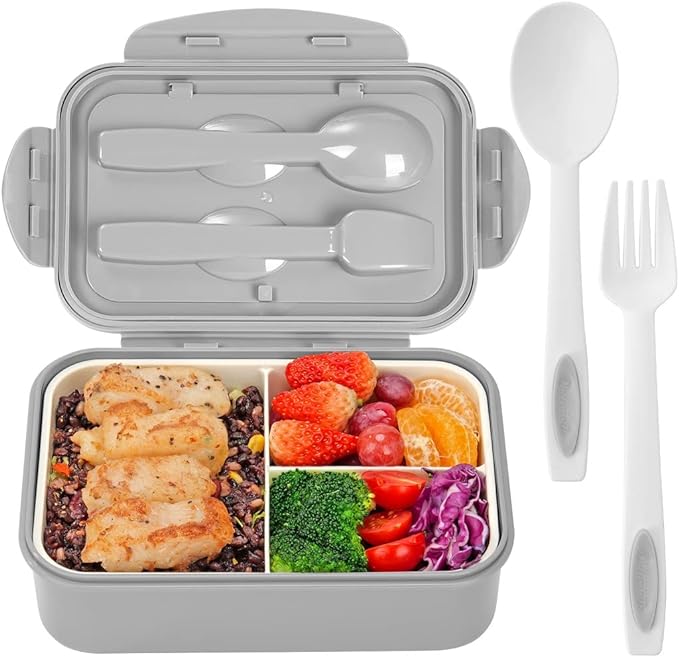 Bento Boxes for Adults - 1100 ML Bento Lunch Box Container For Kids With Spoon & Fork - Durable Perfect Size for On-the-Go Meal, BPA-Free and Food-Safe Materials(Grey)