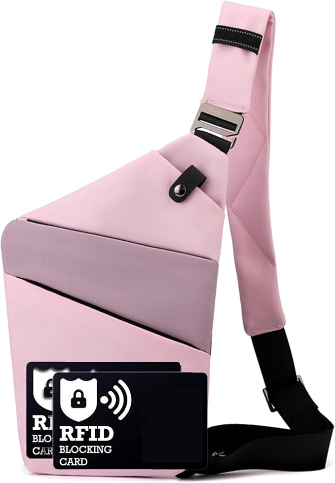 Anti Theft Crossbody Bags for Women Men, Multi-Pocket Shoulder Bag, Slim Sling Purse with 2 RFID Blocking Card (Right Shoulder-Pink Purple)