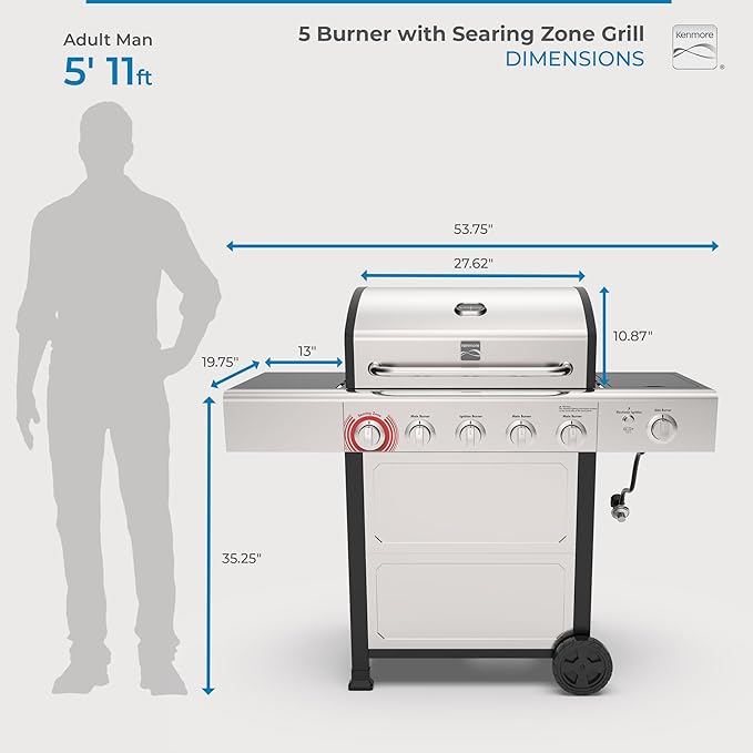 Kenmore BBQ Propane Gas Grill - 5 Burners with Side Burner & Searing Zone, 644 Sq. In. Stainless Steel Grill, 66,000 BTU, Ideal for Outdoor Cooking, Patio & Backyard, Silver