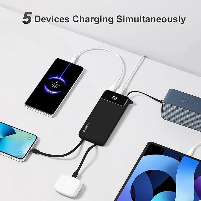 Power Bank 10000mAh Portable Charger with 4 Built-in Cables, Type-C in & Out Phone Charger, External Battery Charger Pack & Travel Essential for iPhone 16/15/14, Samsung, iPad, Android