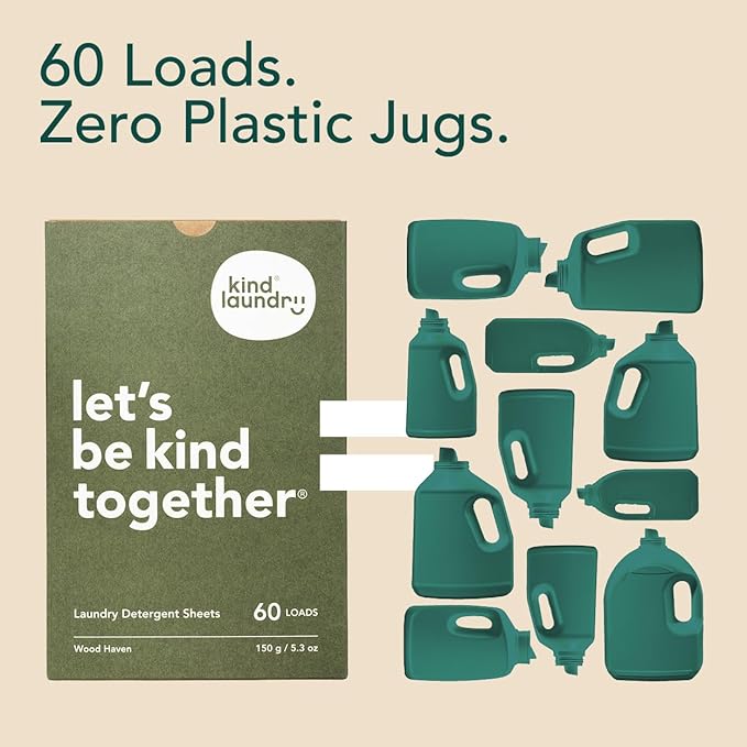 Kind Laundry Detergent Sheets – 60 Loads Fragrance Free, EWG Verified, No Residue After Wash, Eco Plastic-Free Liquidless Laundry Soap, Non-Toxic Formula, for Sensitive Skin, Travel & Dorm Friendly