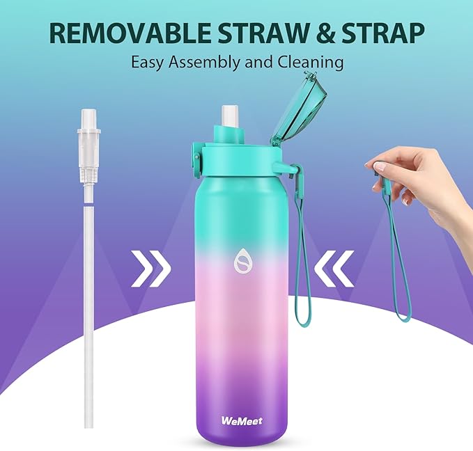 32oz Water Bottle with Removable Straw and Spout Lid Two Ways to Drink, 18/10 Stainless Steel Insulated Water Bottle, BPA-Free, Leak Proof, Double wall, for Sports, Gym