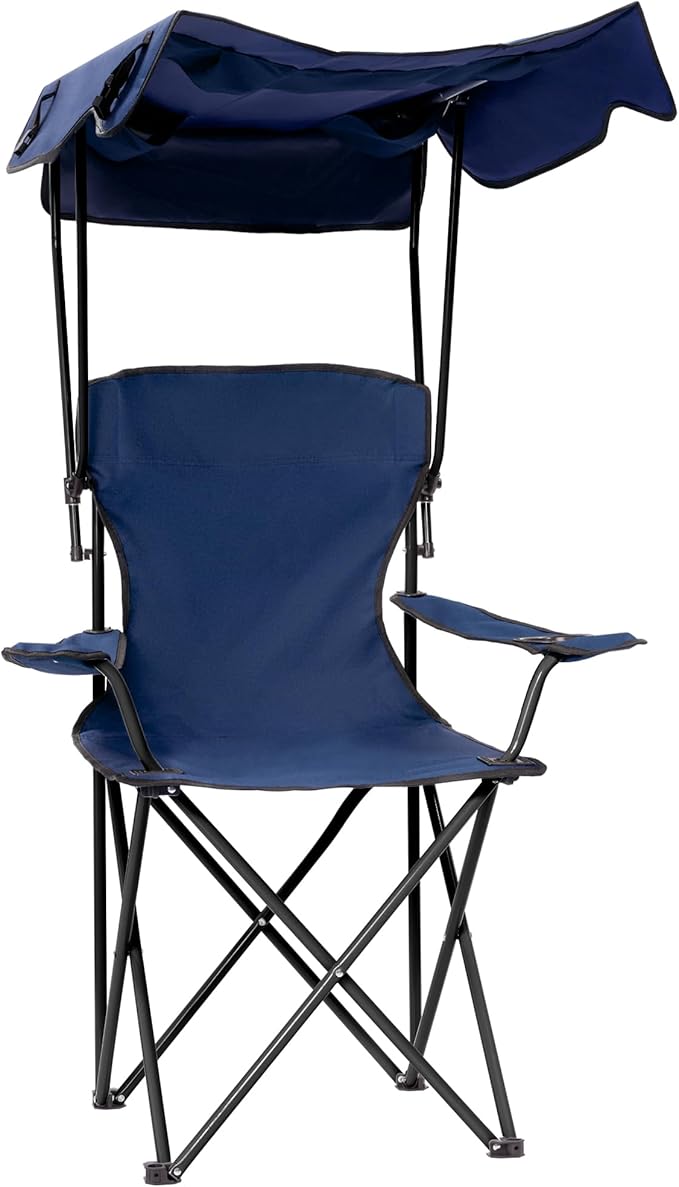 Folding Camping Chair with Canopy, Portable Outdoor Beach Chair for Fishing, BBQ, Picnic, Backyard, Lightweight Sun Shade Chair with Cup Holder, Navy Blue