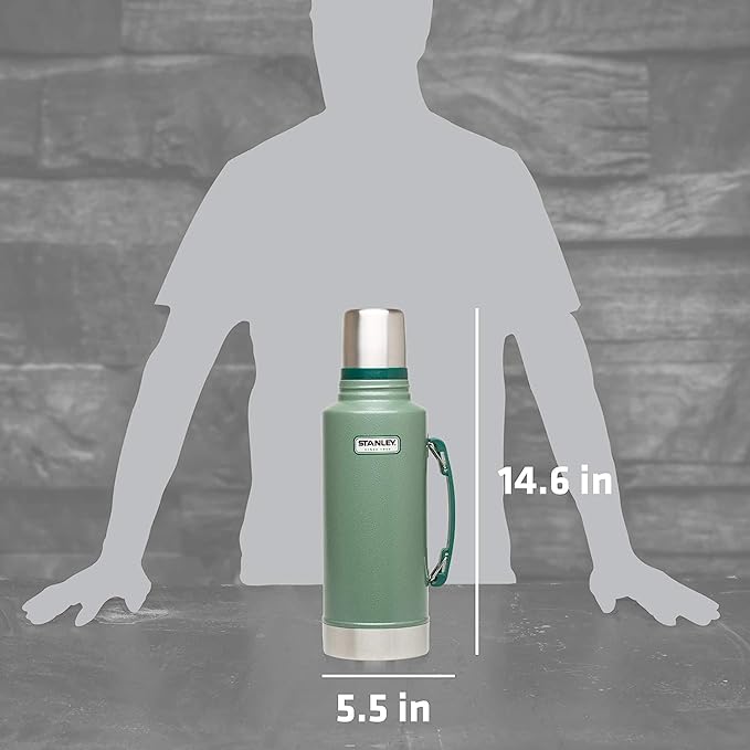 Stanley Heritage Classic Vacuum Bottle with Handle 2.0 qt | Wide Mouth with Leakproof Cup Lid | Keep Drinks Hot or Cold for Travel | Insulated Stainless Steel Thermal Bottle | Hammertone Green