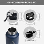 Sports Water Bottle 24/32/40/64Oz with Straw Lid Dustproof, 3 Lids, Vacuum Insulated Stainless Steel, Simple Thermo Flask, Modern Double Wall Hydro Metal Canteen- 32 Oz Navy Blue