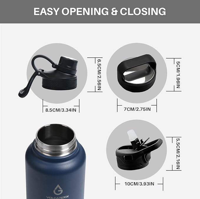 Sports Water Bottle 24/32/40/64Oz with Straw Lid Dustproof, 3 Lids, Vacuum Insulated Stainless Steel, Simple Thermo Flask, Modern Double Wall Hydro Metal Canteen- 32 Oz Navy Blue