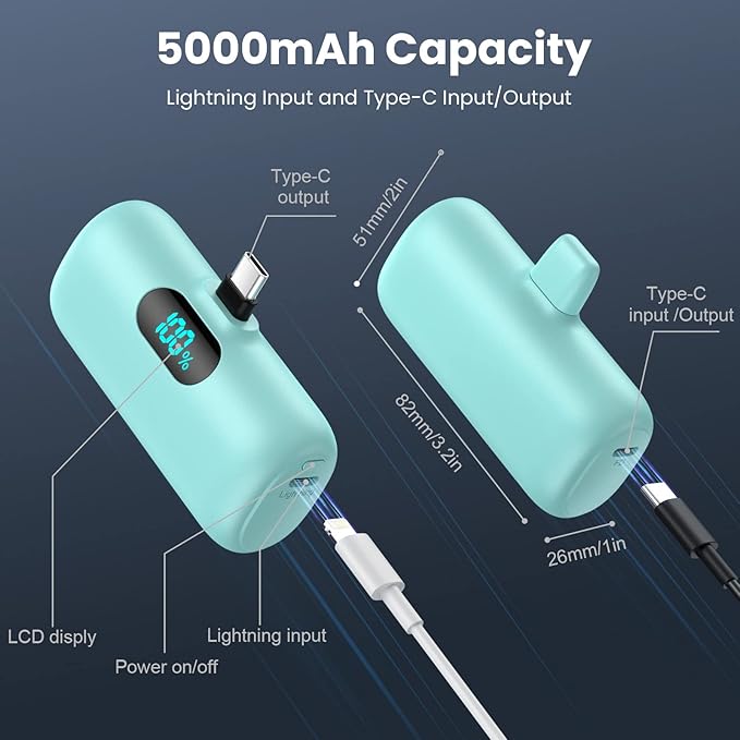Mini Portable Charger 5000mAh Power Bank,15W PD USB C Cell Phone Portable Power, LCD Display Battery Pack Compatible With iPhone 15/15 Plus/15 Pro/15 Pro Max/Android/Samsung/Moto/LG (Type-C Only)