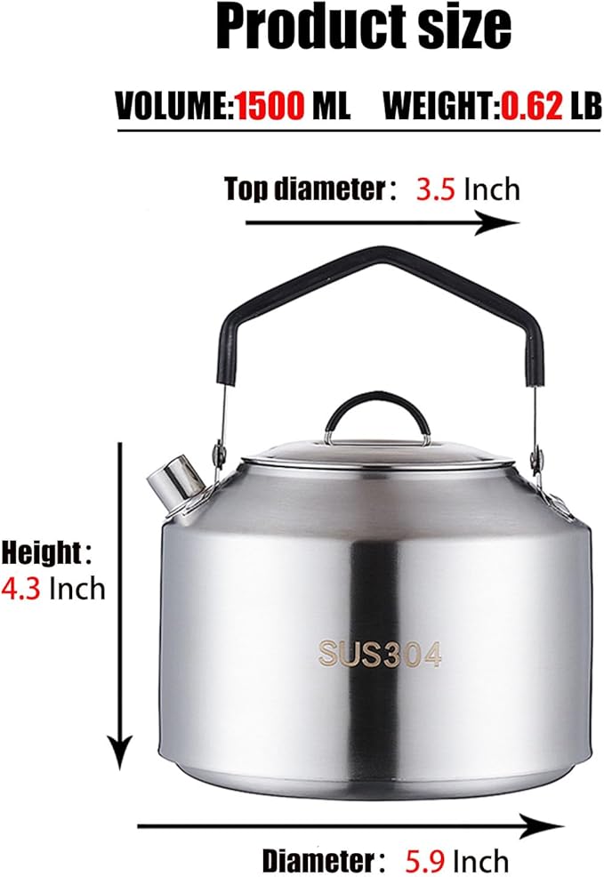1.5L Stainless Steel Camping Kettle - Portable Durable Open Fire Kettle for Camping, Bushcraft, and Emergency Use - Fast Boiling, Heat Retention, Campfire Safe (1.5L)