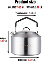 1.5L Stainless Steel Camping Kettle - Portable Durable Open Fire Kettle for Camping, Bushcraft, and Emergency Use - Fast Boiling, Heat Retention, Campfire Safe (1.5L)
