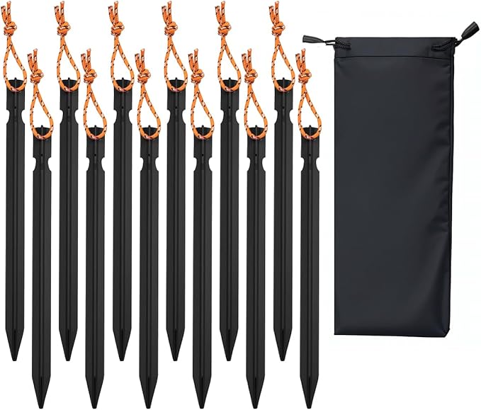 12 Pack Tent Stakes, 7-inch Ultralight Aluminum Ground Pegs with Reflective Pull Ropes, Tri-Beam Stake in a Carrying Bag, for Camping, Backpacking, Hiking, Hammocks and Canopy (Black)