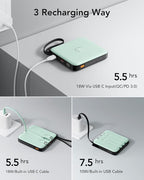 VRURC Portable Power Bank Built-in Cables, 20000mAh 22.5W Fast Charging USB C Battery Pack, Phone Charger Battery, for iPhone 16 15 14 13 12 11 Samsung Galaxy S23 S22, Green(1 Pack)