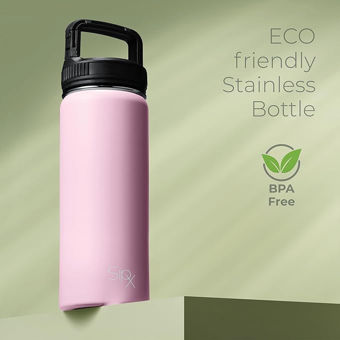 SipX™ Triple-Insulated Stainless Steel Water Bottle 18oz. With 3 Lids, BPA-Free Reusable Insulated Water Bottle Keeps Cold 24 Hours, (Pink)