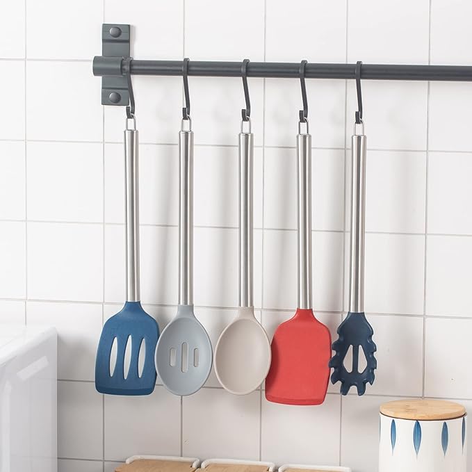 COOK WITH COLOR Silicone Cooking Utensils, Kitchen Utensil Set, Easy to Clean Silicone Kitchen Utensils, Cooking Utensils for Nonstick Cookware, Kitchen Gadgets Set, 5 Pieces, Red