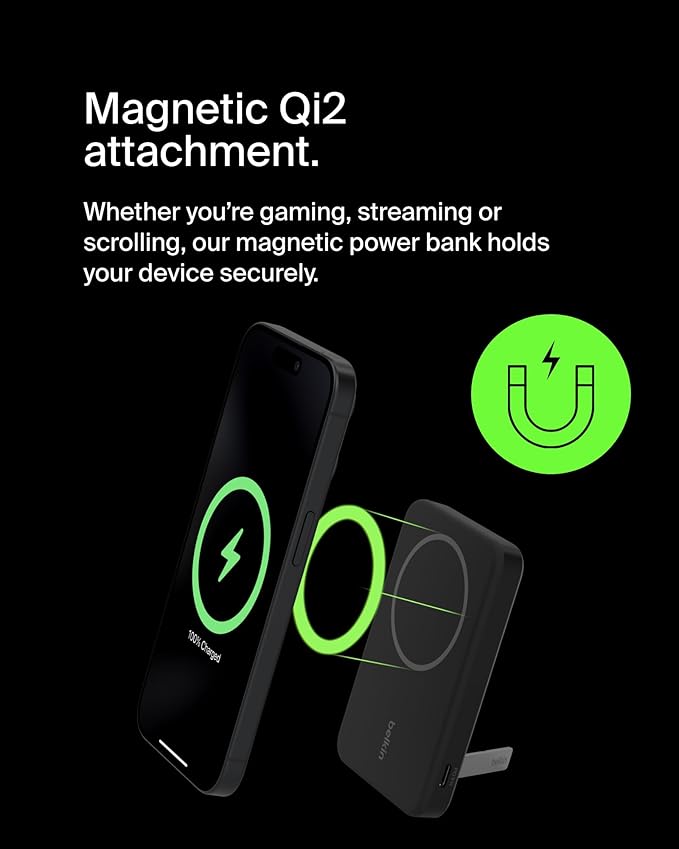 Belkin Portable Charger, Wireless Power Bank 15W 5000mAh w/ Qi2, MagSafe Charger + Built-in Pop-up Kickstand - iPhone 17, Air, Pro, Pro Max, AirPods, Apple Watch, Google Pixel 10, etc. - Black