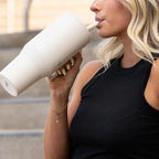 HydroJug Traveler - 32 oz Water Bottle with Handle & Flip Straw - Fits in Cup Holder, Leak Resistant Tumbler-Reusable Insulated Stainless Steel & Rubber Base - Gifts for Women & Men, Cream
