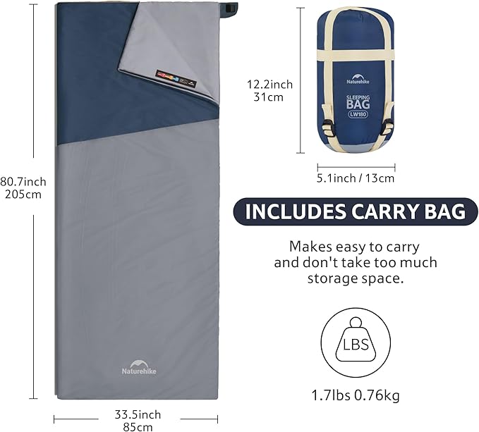 Naturehike Lightweight Compact Sleeping Bag, Envelope Ultralight Backpacking Sleeping Bag Portable, Waterproof, Comfort with Compression Sack for Cold&Warm, Camping, Traveling, Hiking