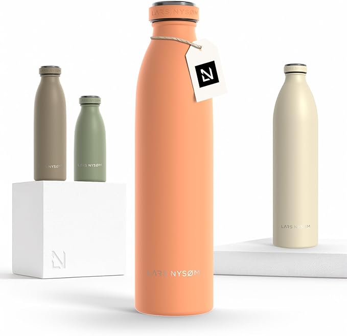 LARS NYSØM Stainless Steel Insulated Water Bottle 12 oz 17 oz 25 oz 34 oz 51 oz | Insulated Thermo Flask for Hot and Cold Beverages | Leakproof Drinking Bottle (Pumpkin Orange, 25.4 oz)