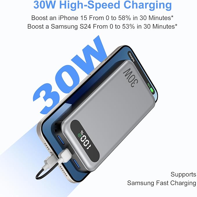 Power Bank 20000mAh, PD 30W and QC 4.0 Fast Charging Portable Charger with 3 Outputs & 2 Inputs and USB C Cable, for iPhone 16/15/15 Pro/15 Pro Max/15 Plus, MacBook, Galaxy, and More