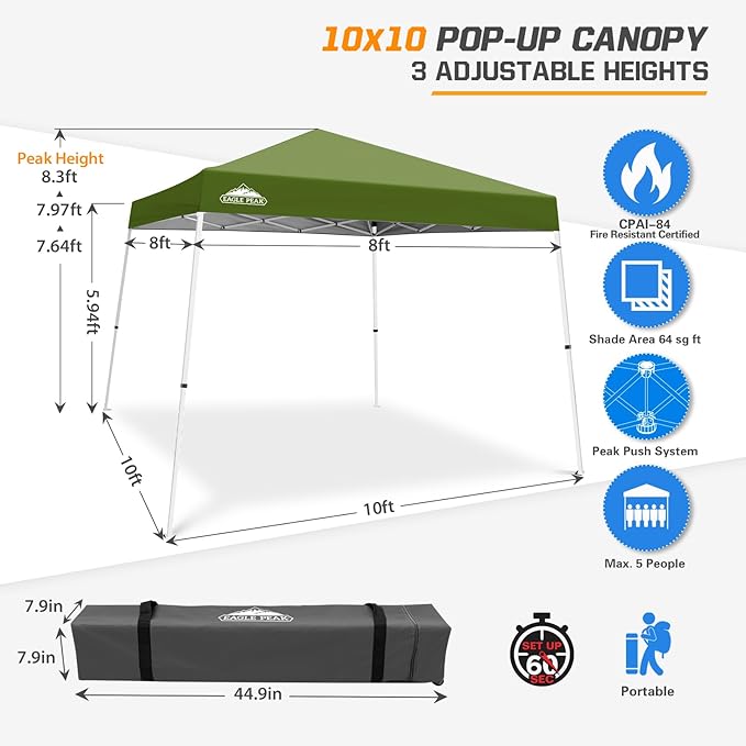 EAGLE PEAK 10x10 Slant Leg Pop-up Canopy Tent Easy One Person Setup Instant Outdoor Beach Canopy Folding Portable Sports Shelter 10x10 Base 8x8 Top (Grass Green)