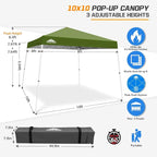 EAGLE PEAK 10x10 Slant Leg Pop-up Canopy Tent Easy One Person Setup Instant Outdoor Beach Canopy Folding Portable Sports Shelter 10x10 Base 8x8 Top (Grass Green)