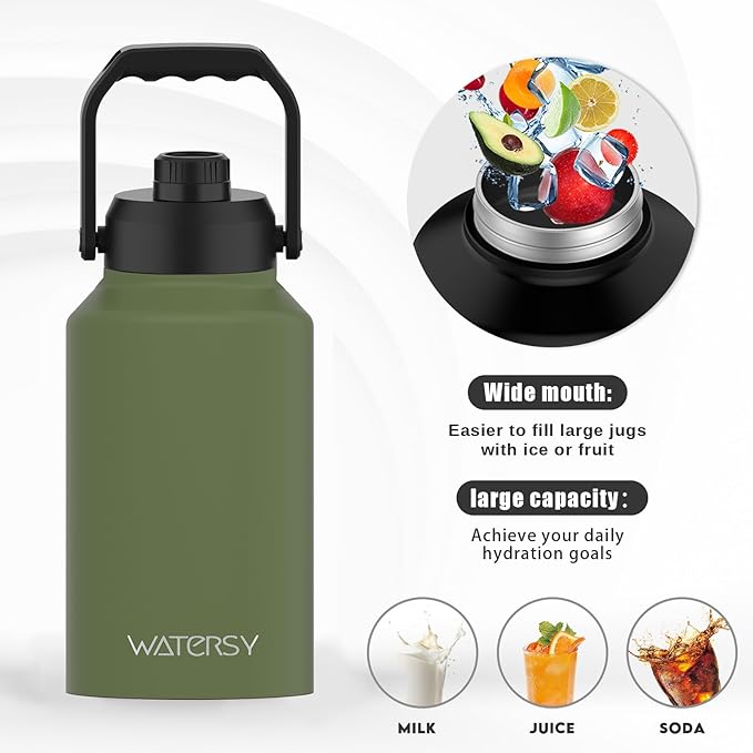 WATERSY 2/3 Gallon Water Bottle Insulated(Cold for 48 Hrs),BPA Free&Leak Proof,87oz Stainless Steel Water Jug/Flask,Big thermo,Large Water Bottle with Handle for Gym,Hiking,Camping,Olive Green