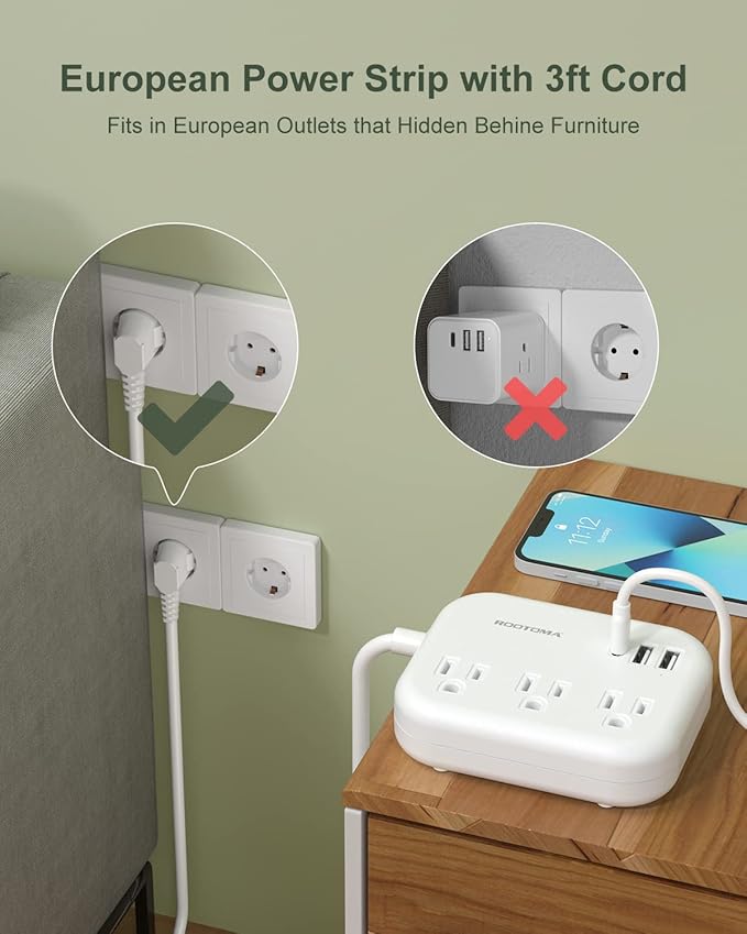 European Travel Plug Adapter with USB C, ROOTOMA Outlet Adapter US to Europe 3 Outlets 3 USB Ports, International Power Strip for EU Spain France Germany Iceland Greece, 3ft, White