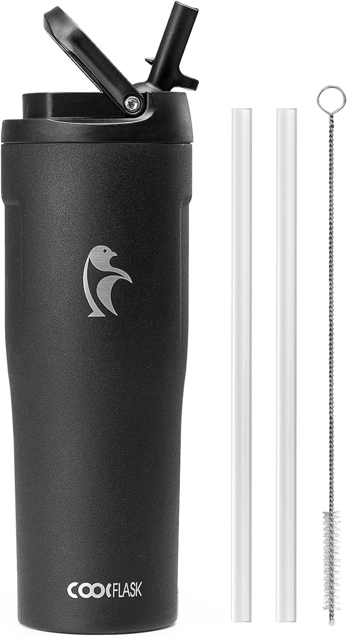 Coolflask Water Bottle 32 oz Fits Car Cup Holder, Slim Tumbler Stainless Steel with Straw & Handle, Vacuum Flask Leakproof Wide Mouth for Travel Sports Gym, Black