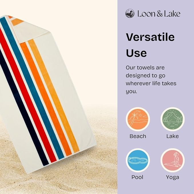 Loon & Lake Luxury Beach Towels Set of 2 - Retro Stripes | 2 Pack 30" x 60" | Crafted from 100% Combed Cotton | Ultra Plush & Super Soft | Retro Collection 1977
